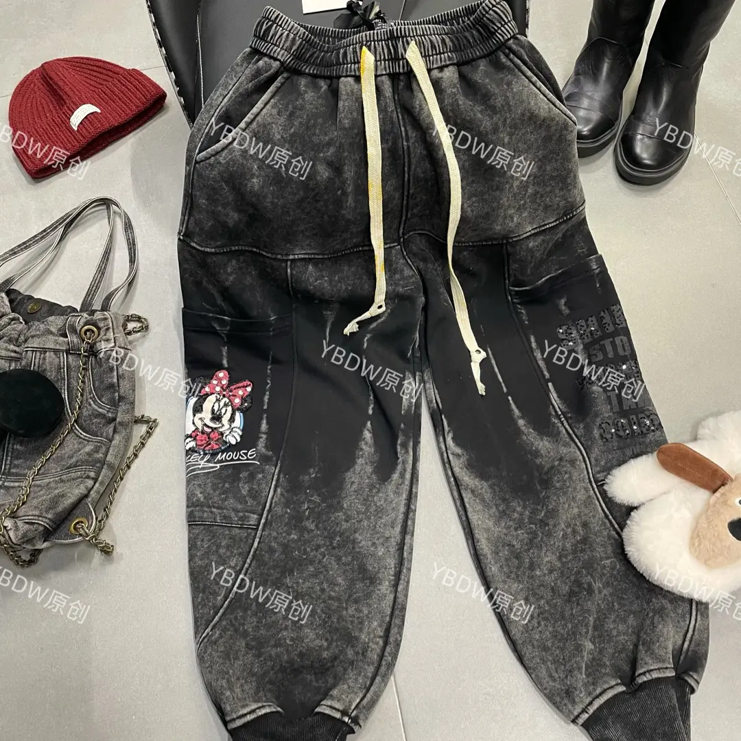 【柒柒破价】YBDW潮牌加绒洗水卡通宽松显瘦休闲束脚哈伦裤百搭裤子