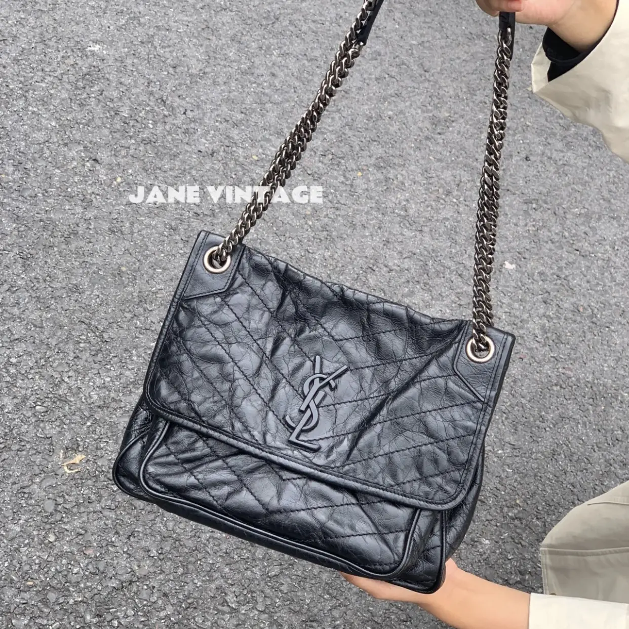 95新 YSL/圣罗兰 ysl黑色油蜡皮Niki单肩包