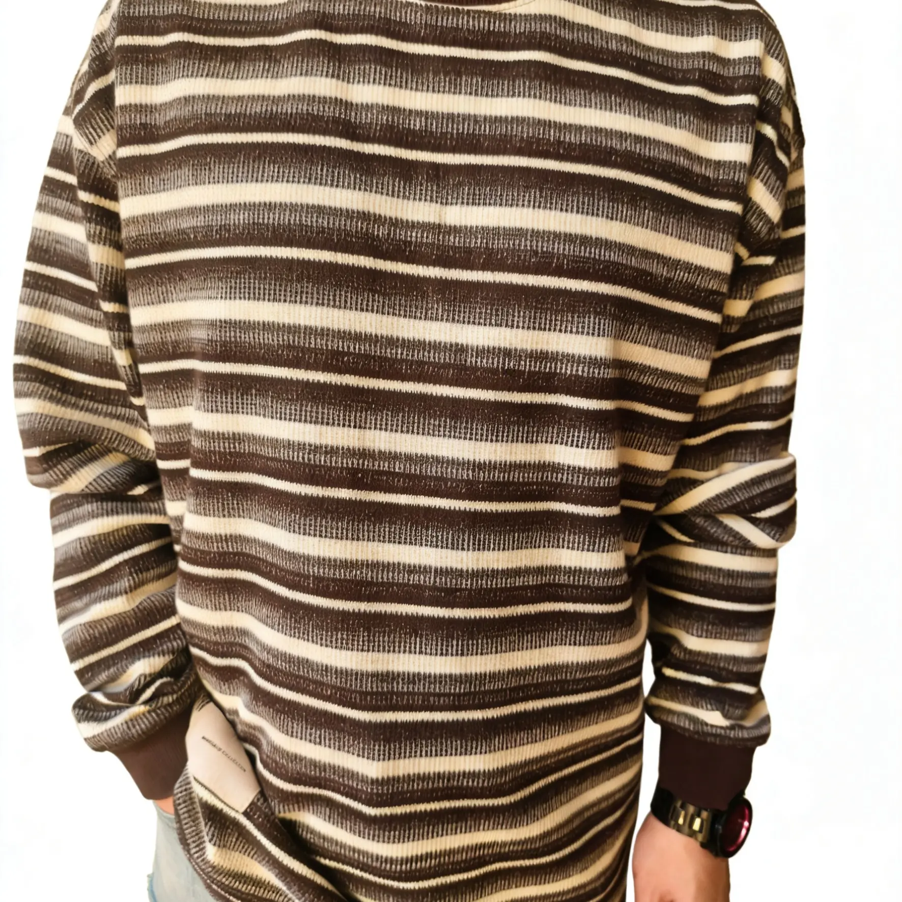 城市慵懒跳线条纹针织衫男士微阔版套头长袖肌理撞色卫衣T恤