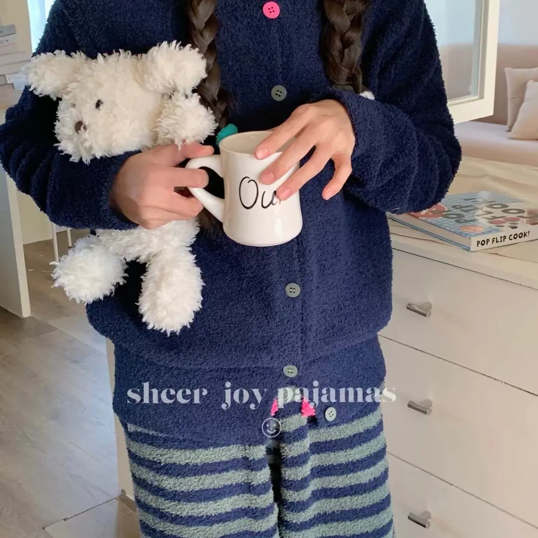 冬季加厚半边绒条纹针织小香风简约高级感可外穿女士家居服套装