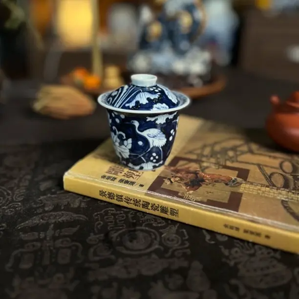 觅瓷山房景德镇幽蓝溪堂仿元青花一鹭连科全手工陶瓷盖碗泡茶茶具