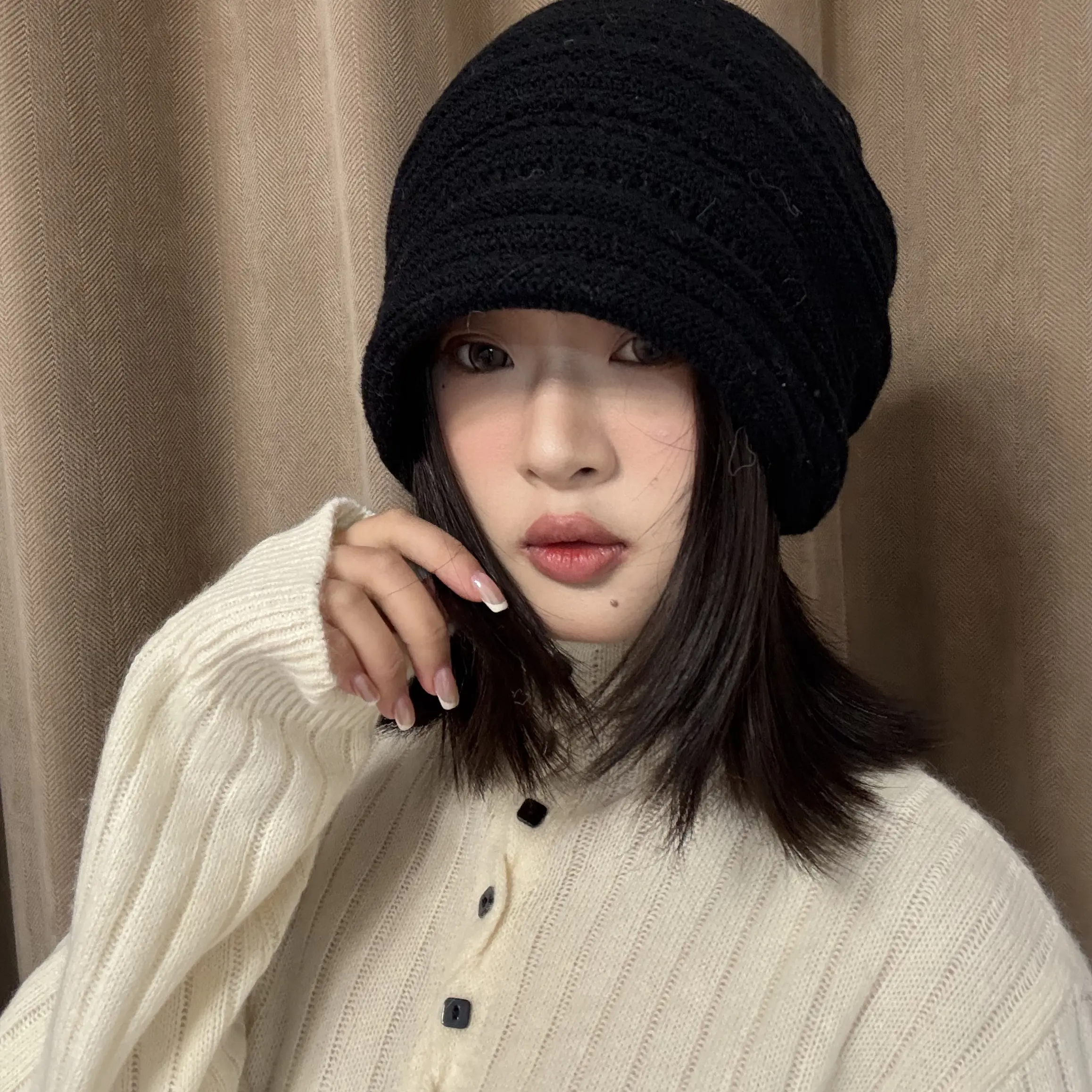 秋冬新款韩系加厚针织卷檐堆堆冷帽女款保暖显脸小