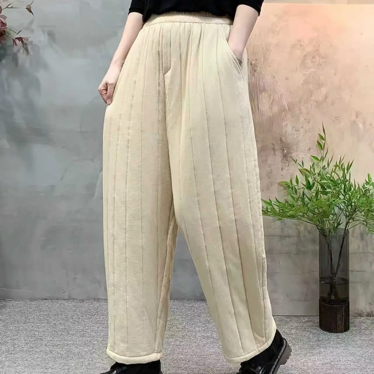 秋冬新款复古夹棉保暖哈伦裤女宽松显瘦百搭外穿休闲棉裤