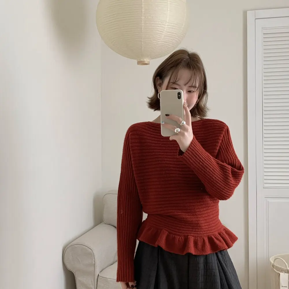 秋冬韩系风荷叶边收腰针织衫女款百搭毛衣上衣