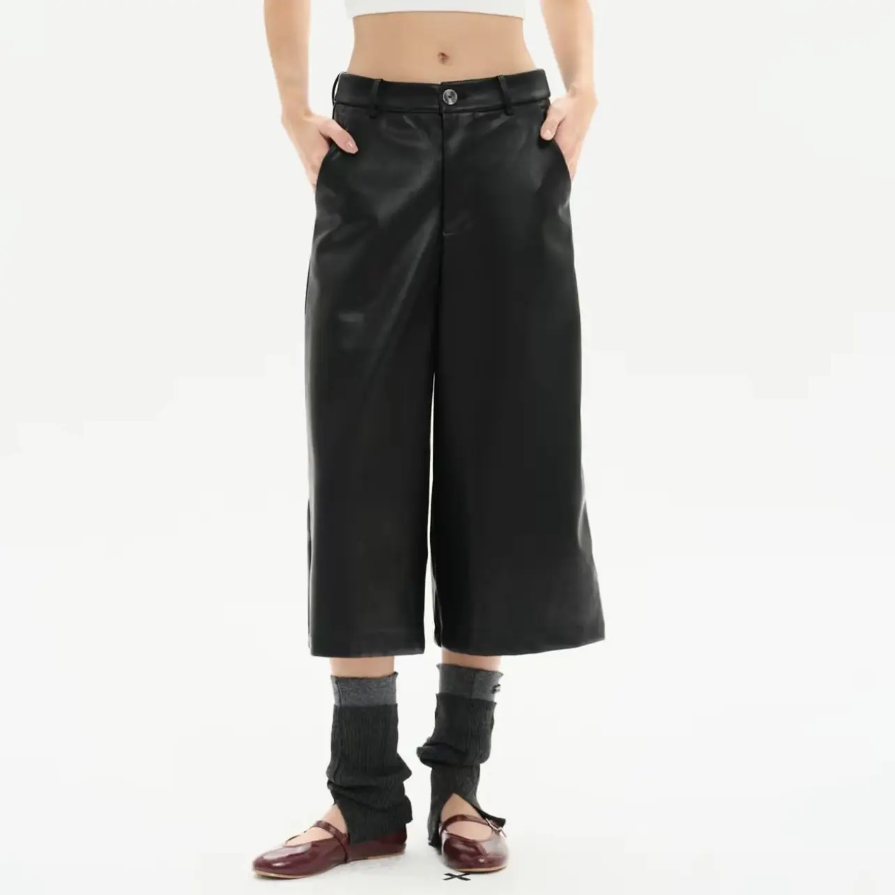 高级感牛皮皮裤女新款高腰显瘦宽松直筒七分阔腿休闲气质中裤