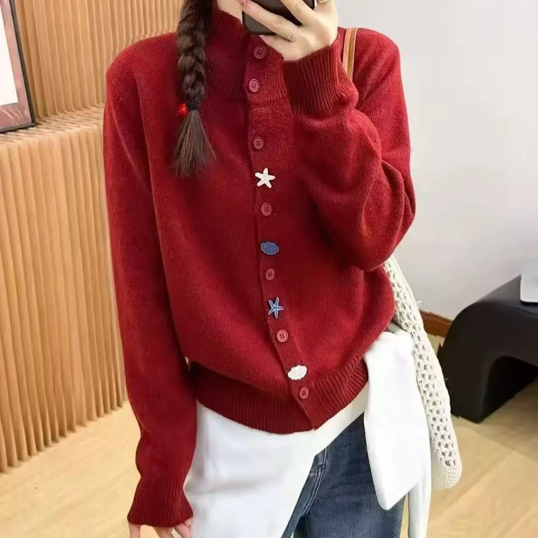 冬季韩系简约立领海星扣针织开衫毛衣