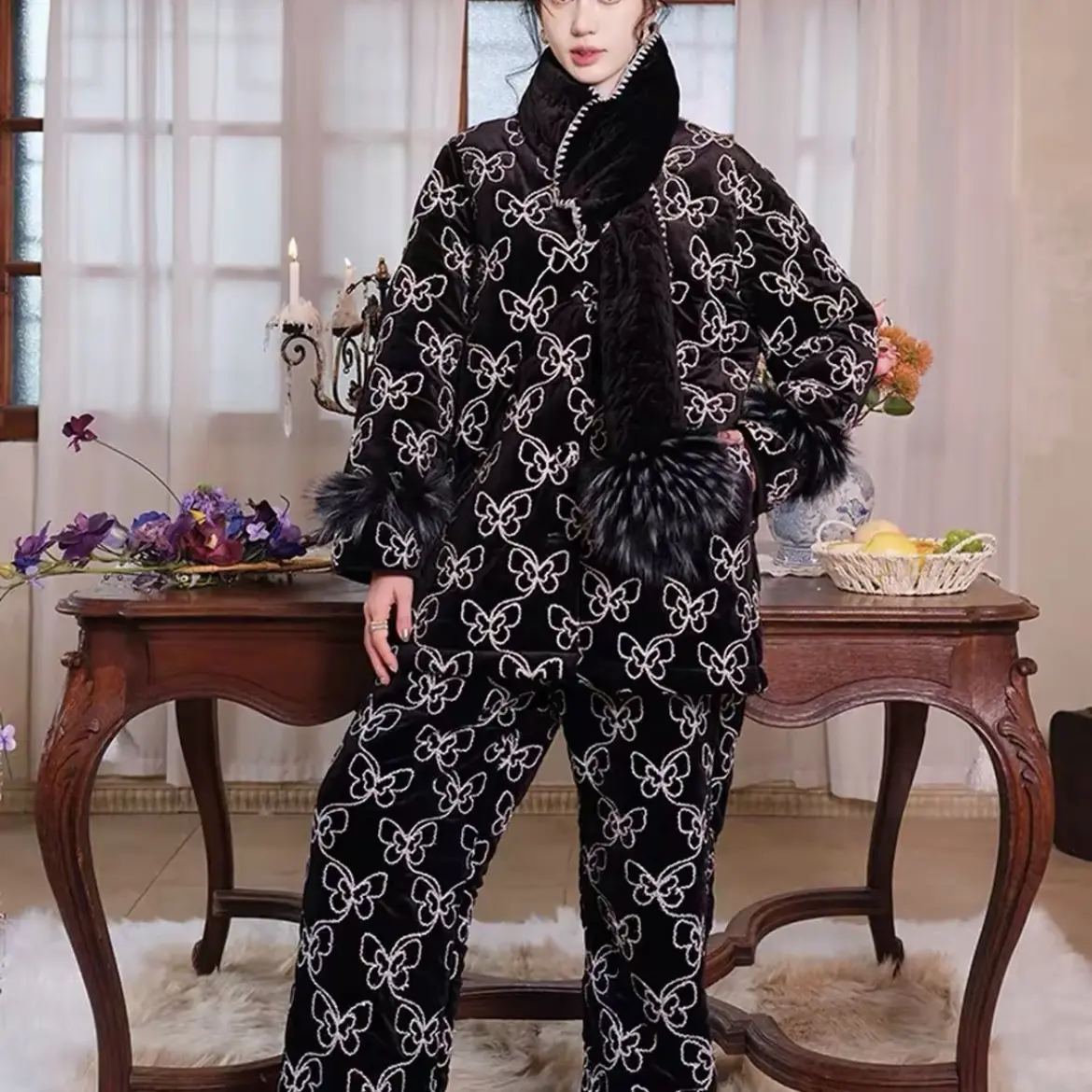 原创可拆卸围巾领刺绣三层加厚夹棉加绒可外穿冬季睡衣