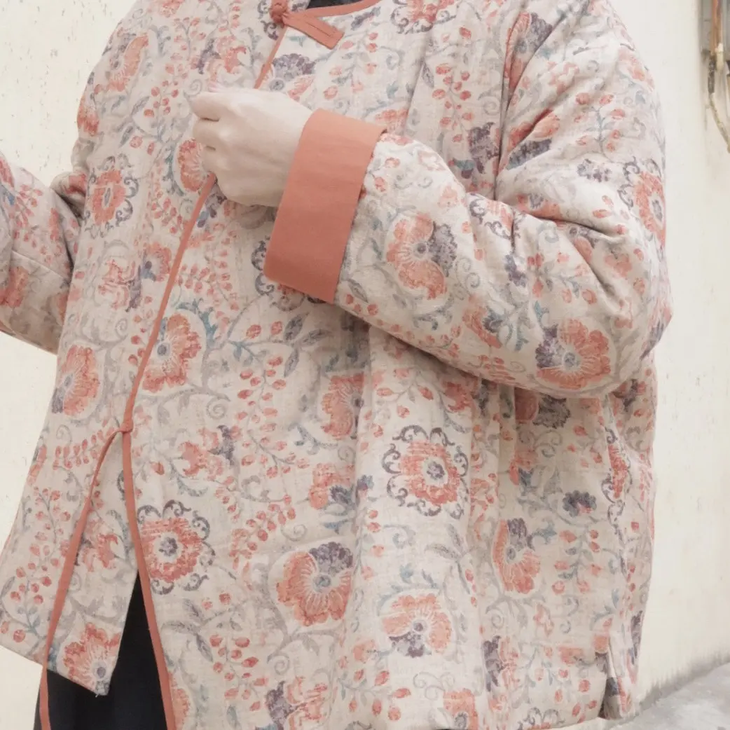 传统新疆棉花棉袄民族风印花圆领系带宽松棉服冬女装外套棉衣C198