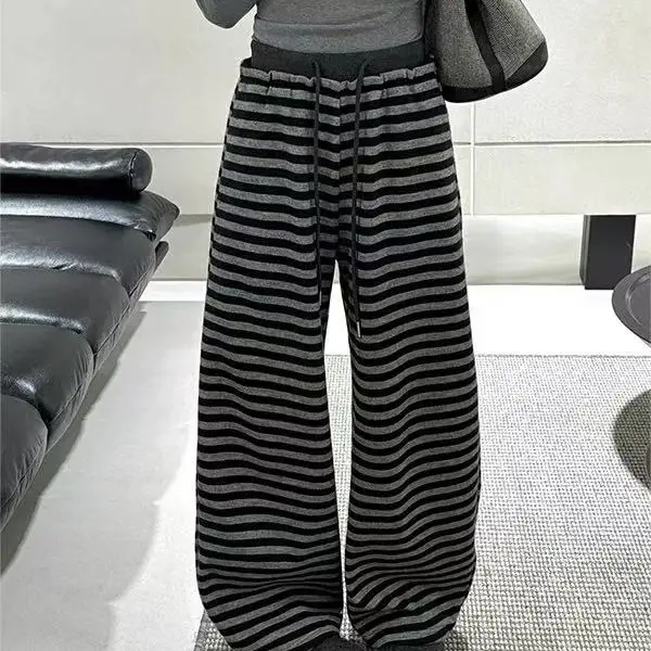 H-275裤长100加绒加厚冬季显瘦设计感撞色条纹高腰休闲阔腿裤女