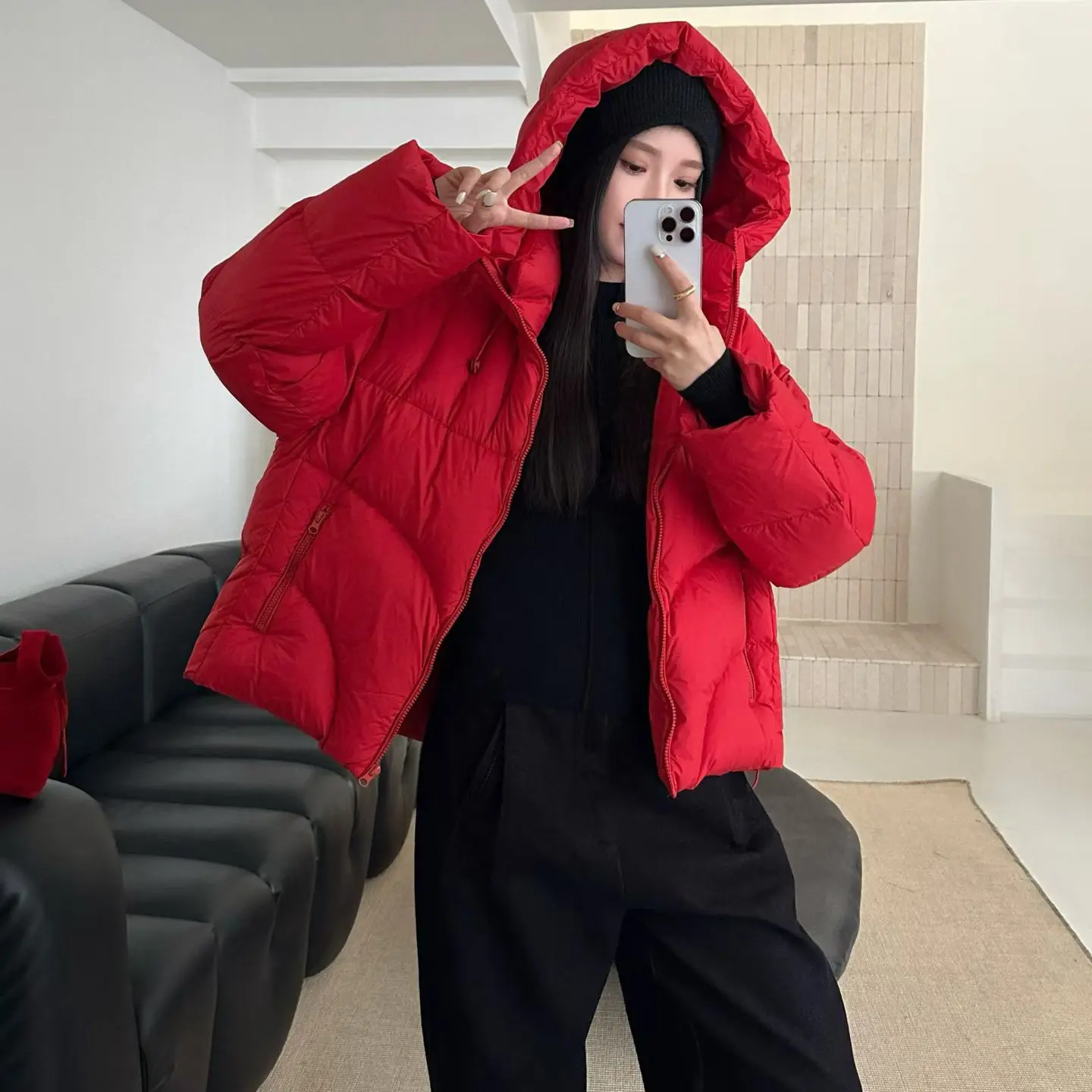 拉链保暖短款连帽拼接泡芙纯色ol韩版立领女款