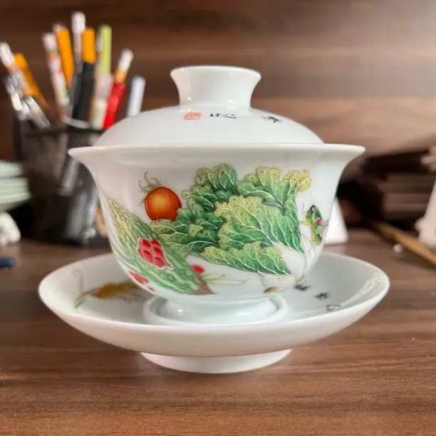 黎明东珐琅彩手工手绘陶瓷釉上三才盖碗白菜