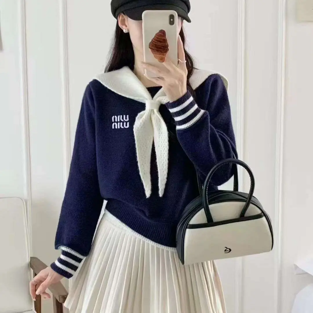 韩系减龄学院风秋冬撞色海军领宽松针织衫毛衣