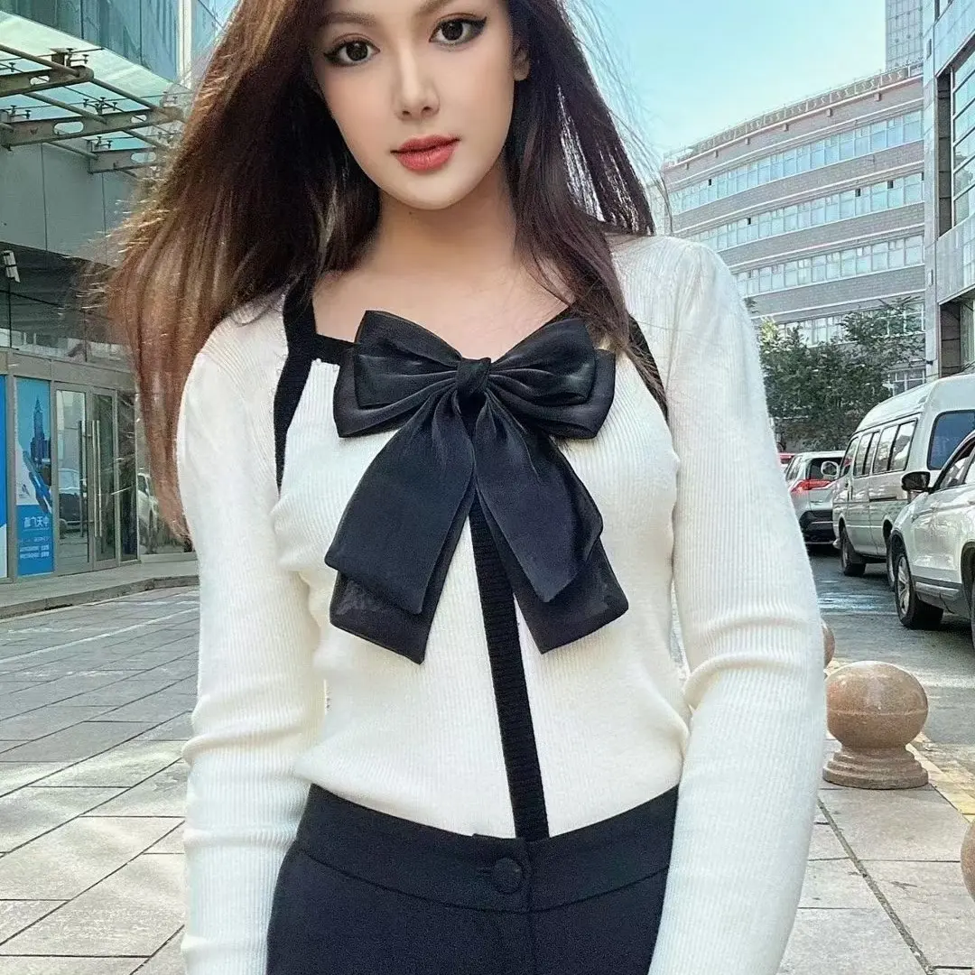 海军领针织女蝴蝶结蝴蝶毛针织衫简约优雅黑色网红