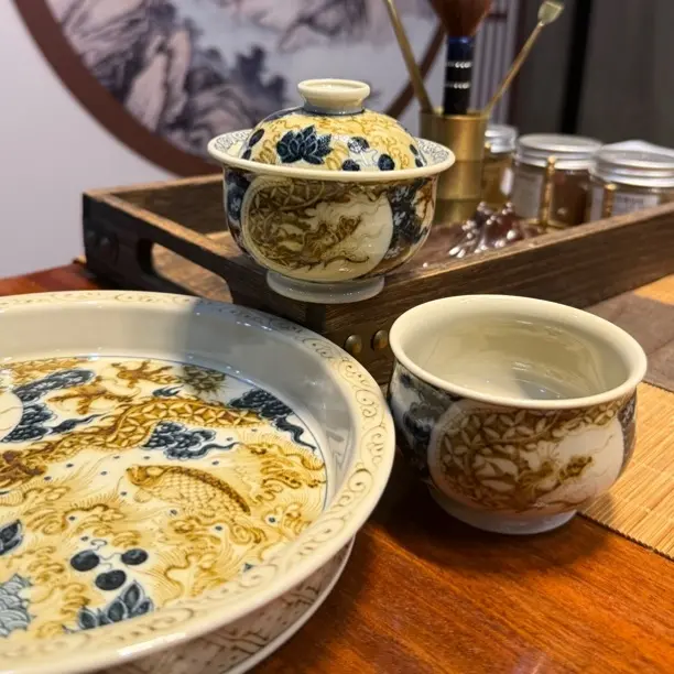 青花釉里金鱼化龙精美缠枝高档壶承盖碗主人杯茶具陶瓷
