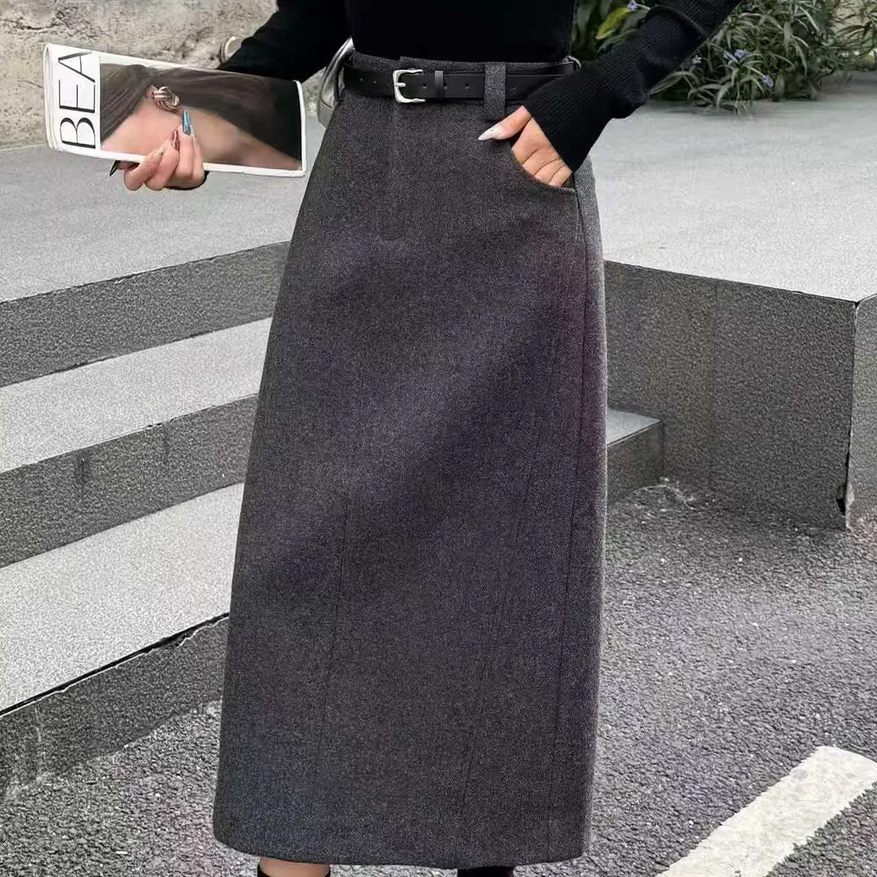 衣凡25927高腰直筒半身裙显瘦遮胯百搭中长款
