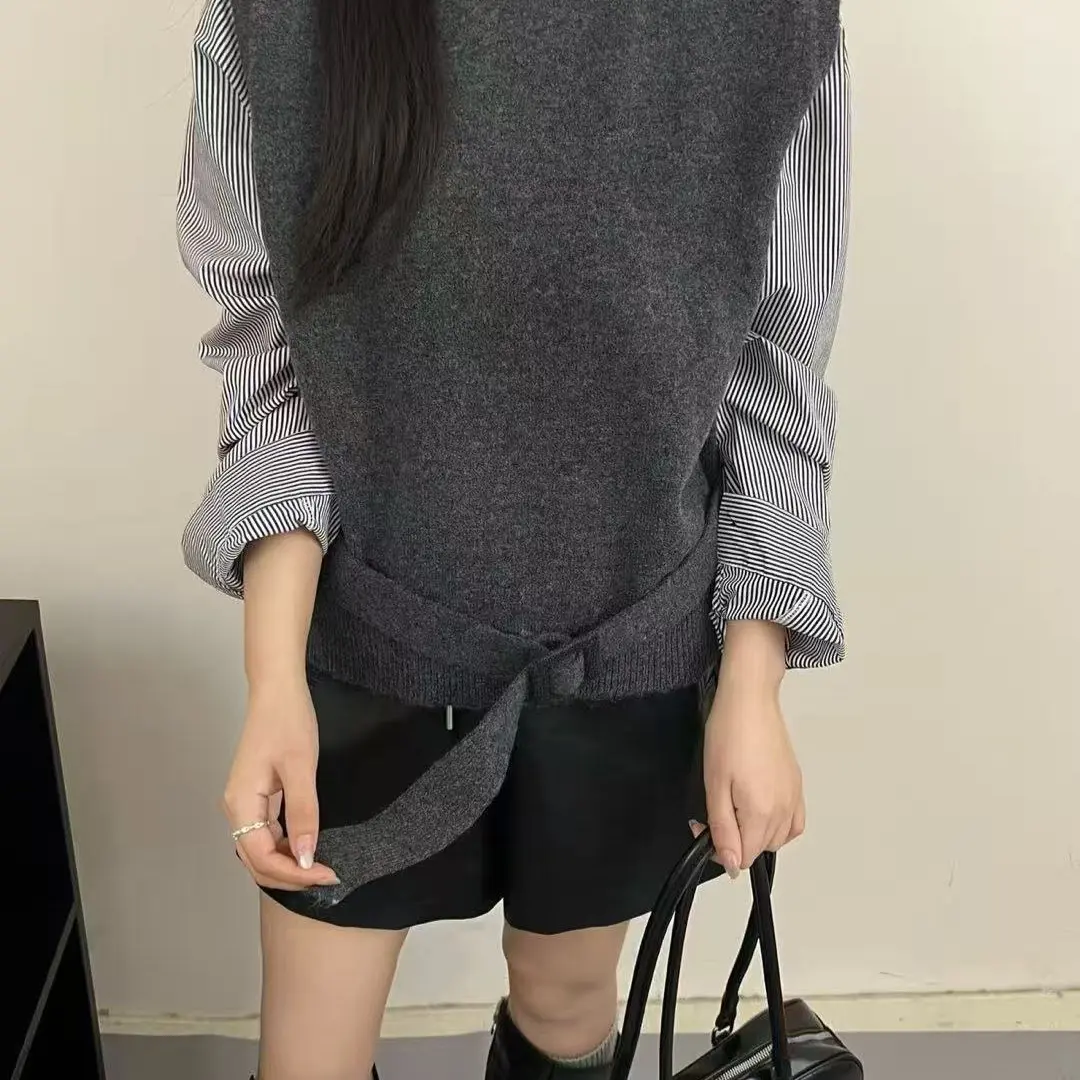 新款条纹拼接针织带腰带假两件