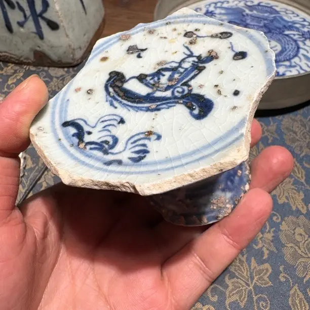 M青花张骞乘槎人物图高足杯瓷片标本学习收藏顺丰包邮