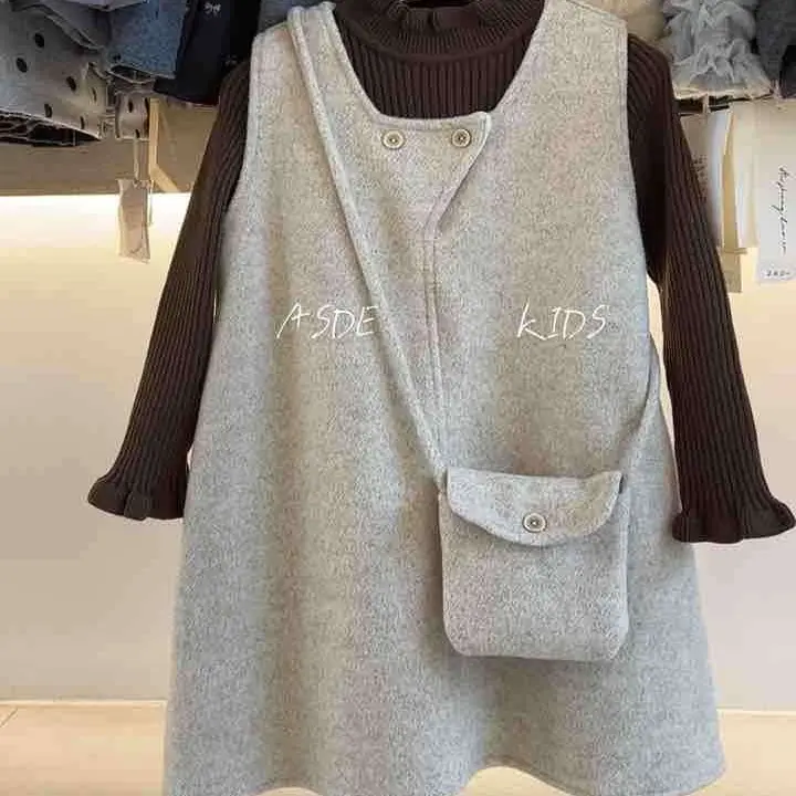 冬季韩版加绒时尚灰色圆领女童连衣裙