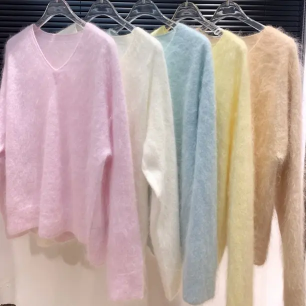 【晓雪家】V领纯色水洗拉绒针织薄款桑蚕丝山羊绒拉绒打底衫