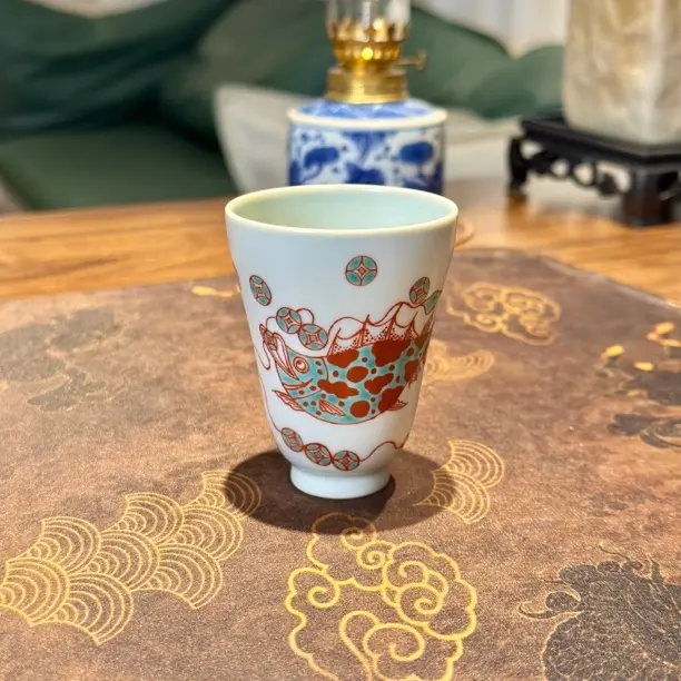 景德镇立勤堂纯手工手绘红绿彩鳜鱼闻香杯精美高档创意主人杯