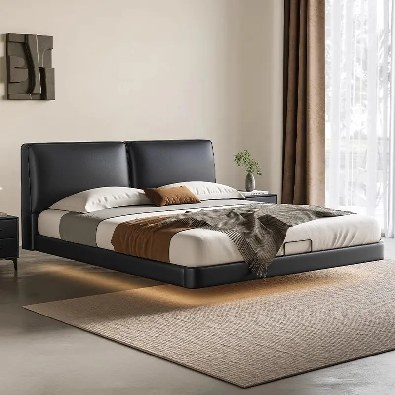 现代简约主卧大床大黑牛真皮床轻奢矮床头低靠背落地豆腐块双人床