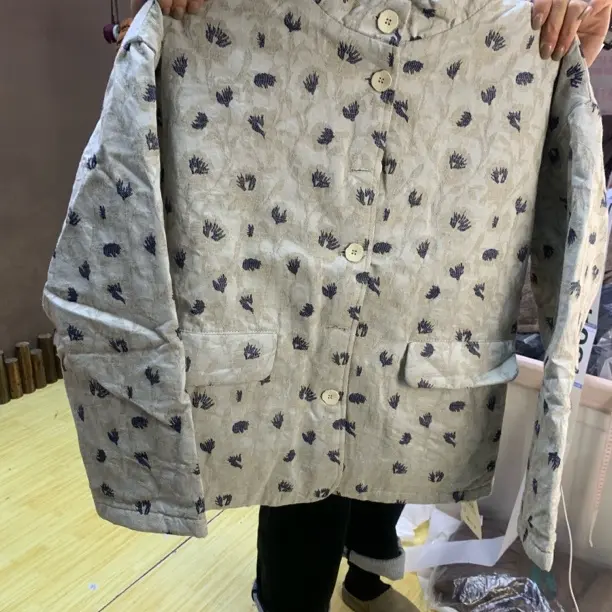 亚麻提花盘扣立领棉服秋冬复古宽松国风长袖外套