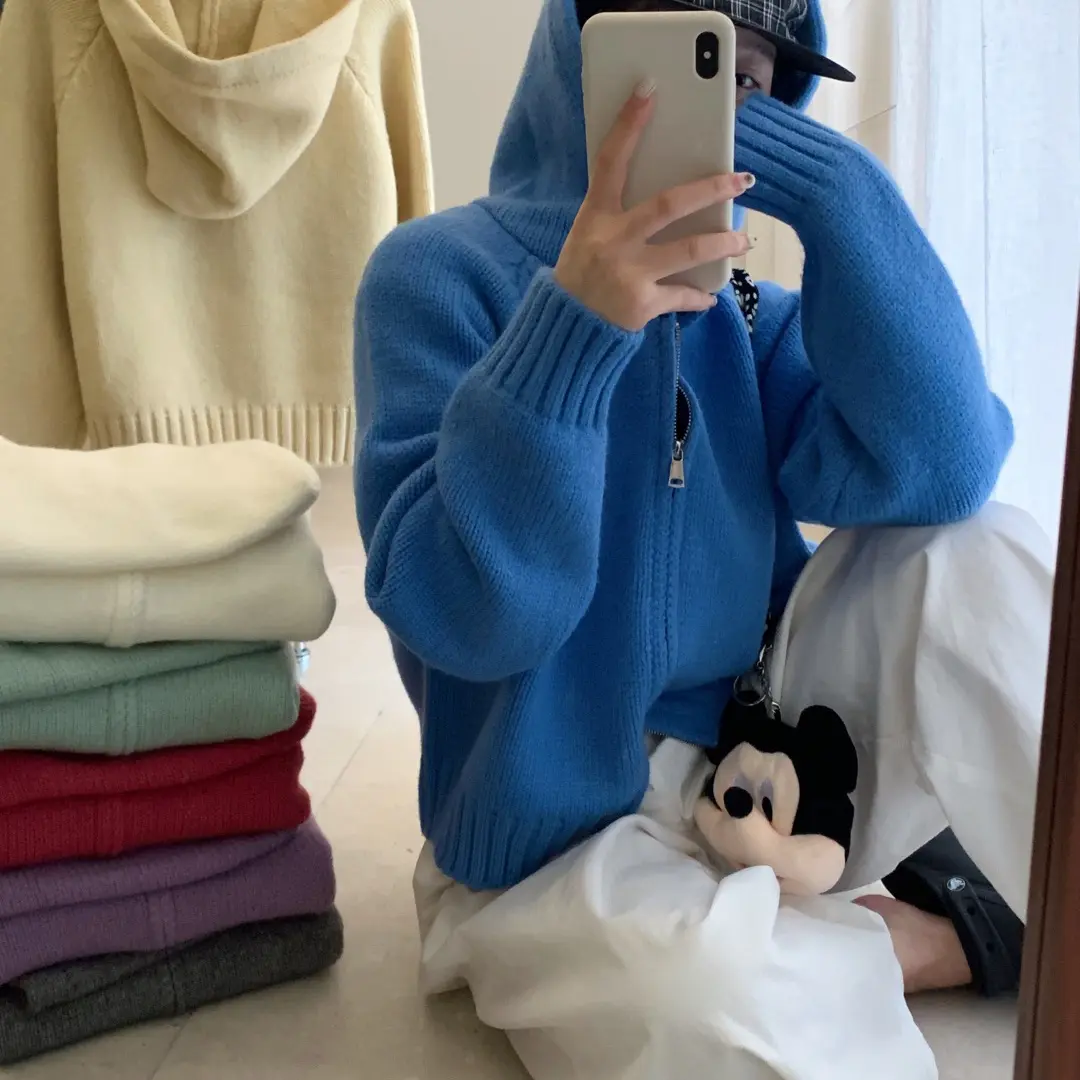 现货-25新款（760g）高克重双拉链带帽净色帽毛针织衫纯色冬季韩系