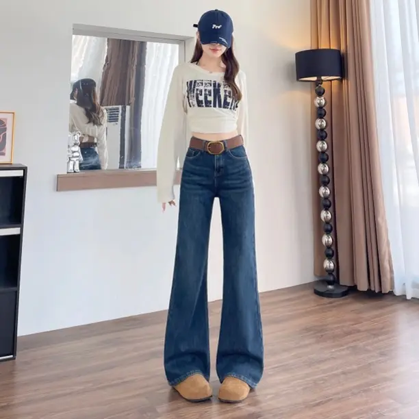 BXH2298爆款复古蓝加绒高腰宽松显瘦微喇牛仔裤女秋冬新款直筒