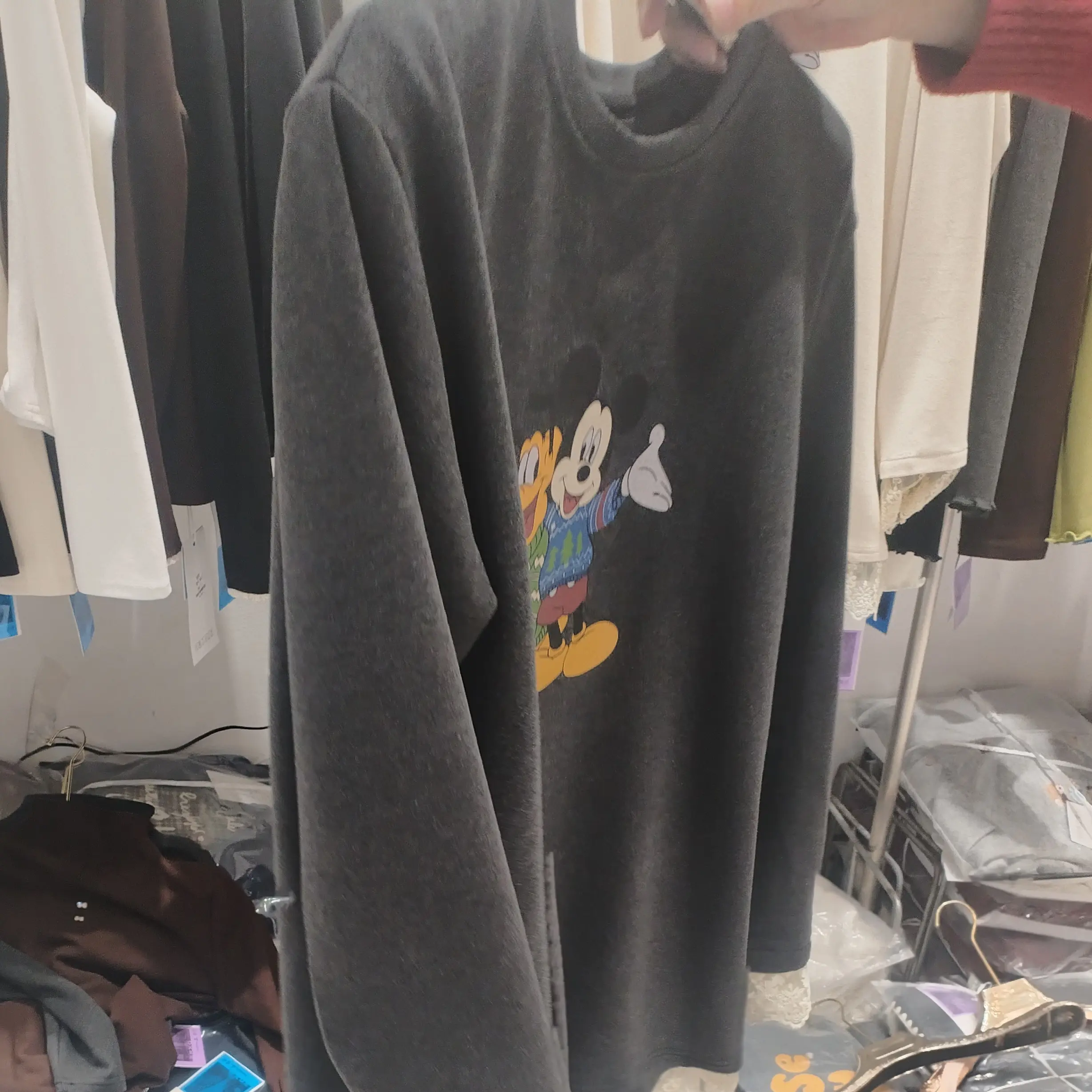 韩版卡通印花木耳边拼接磨毛长袖T恤女秋冬宽松百搭内搭打底衫