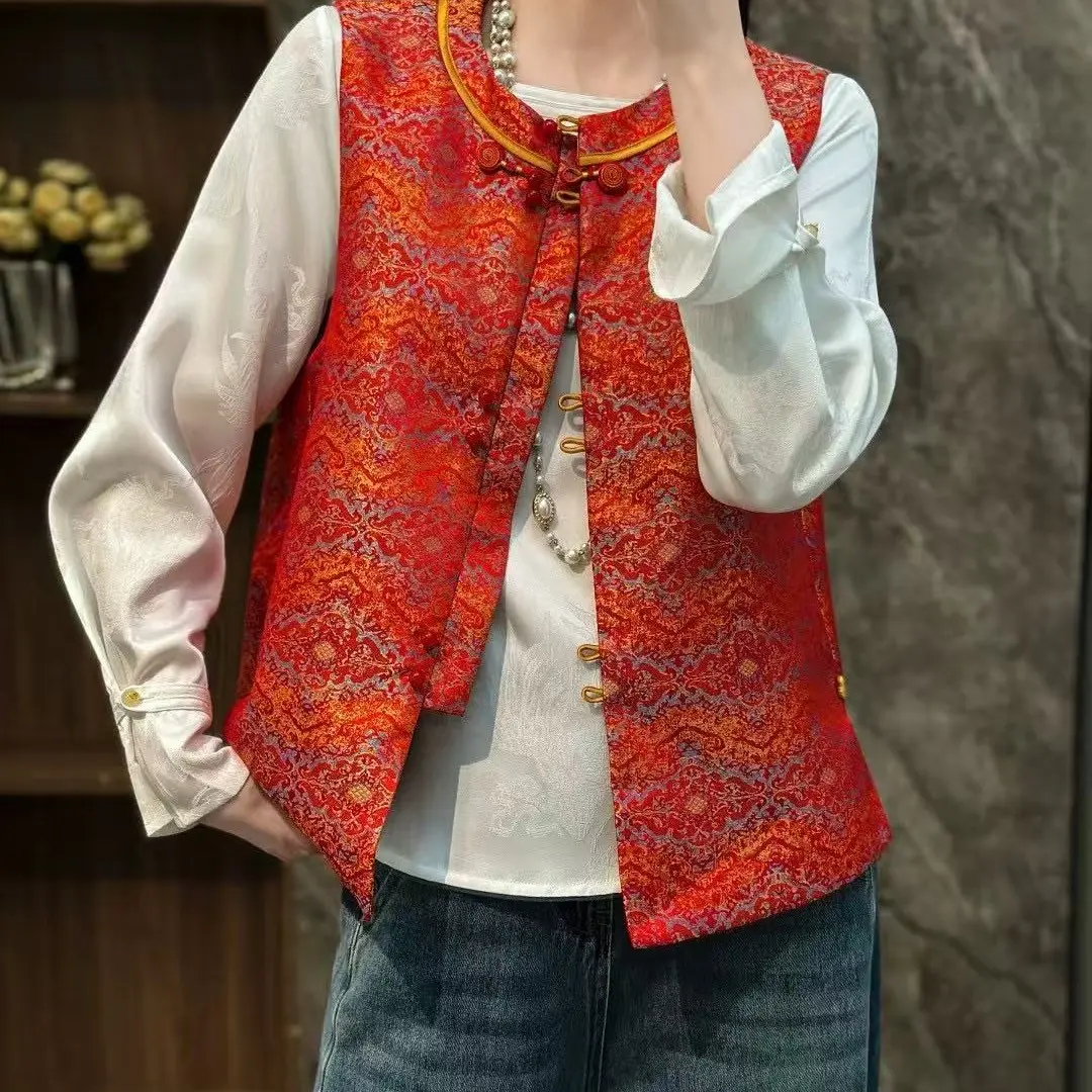 新中式国风红色宋锦提花圆领盘扣女士春季马甲