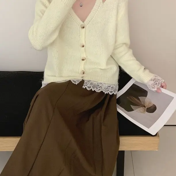 薄款落肩袖针织V领包袖毛针织衫蕾丝设计感长袖开衫