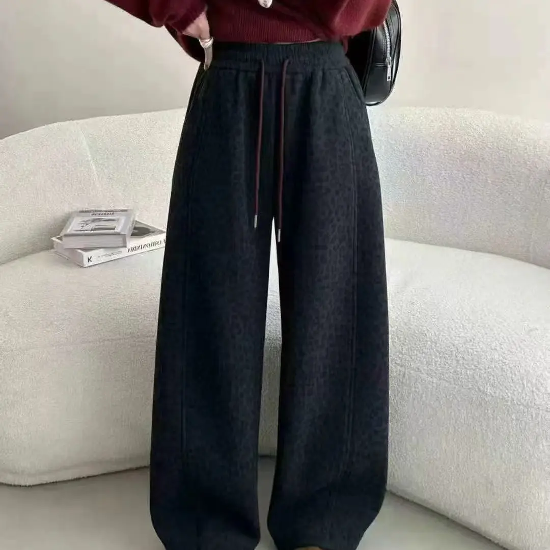 秋冬新款豹纹加绒高腰显瘦垂感宽松直筒休闲阔腿裤女百搭保暖