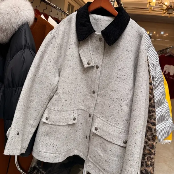 女士冬季韩版中长款加厚保暖外套小香风气质夹棉毛呢棉袄翻领拼接