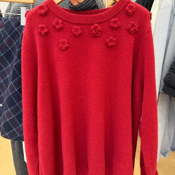 法式手工立体花朵可斜肩毛衣女秋冬甜美减龄百搭显瘦针织衫上衣