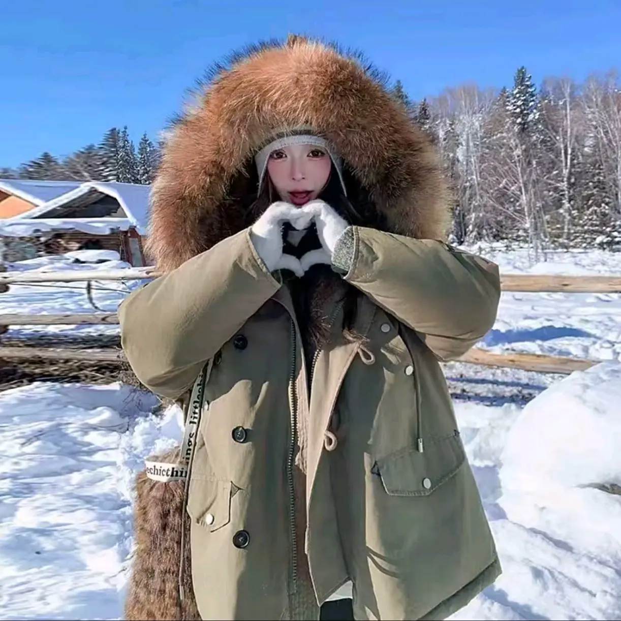 中长款女士加厚连帽可拆卸内胆子毛领休闲派克服冬季