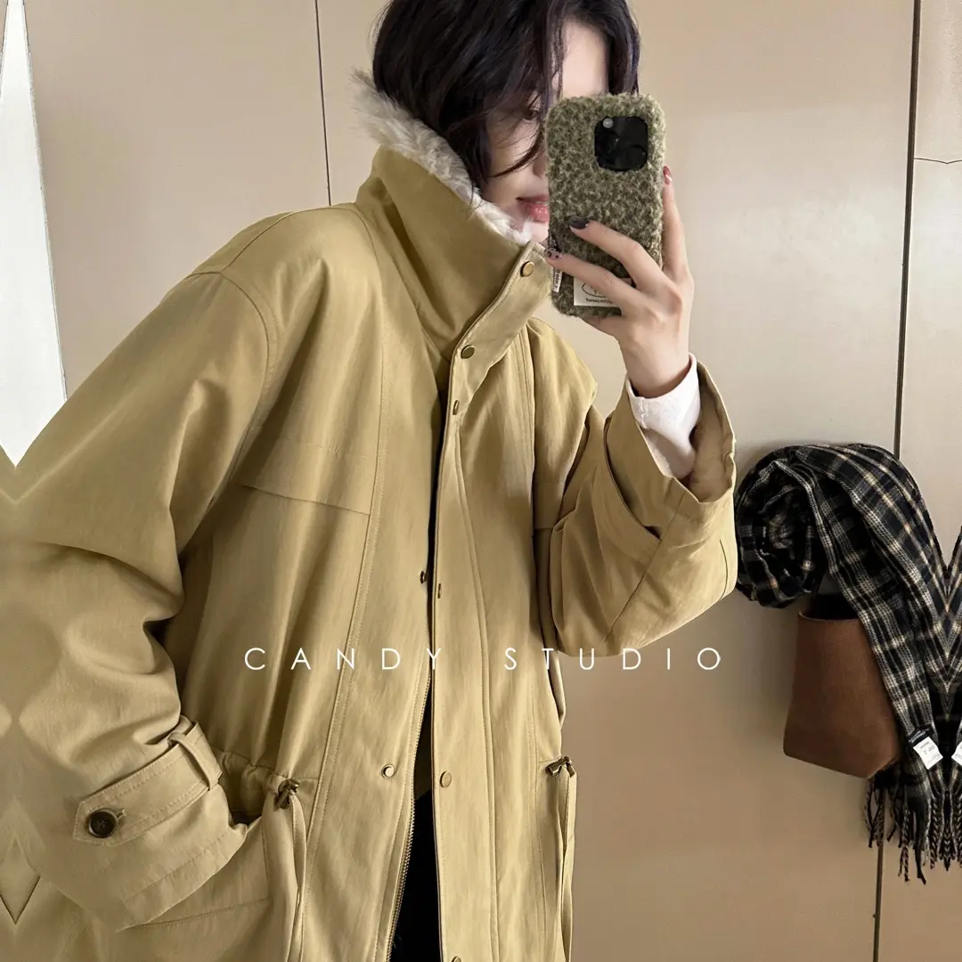 工装风设计感派克服立领中长款休闲显瘦加绒加厚保暖外套女冬季