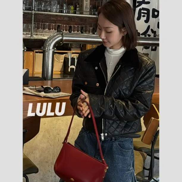 新款女菱格千金感拼接短款高级夹棉皮衣外套