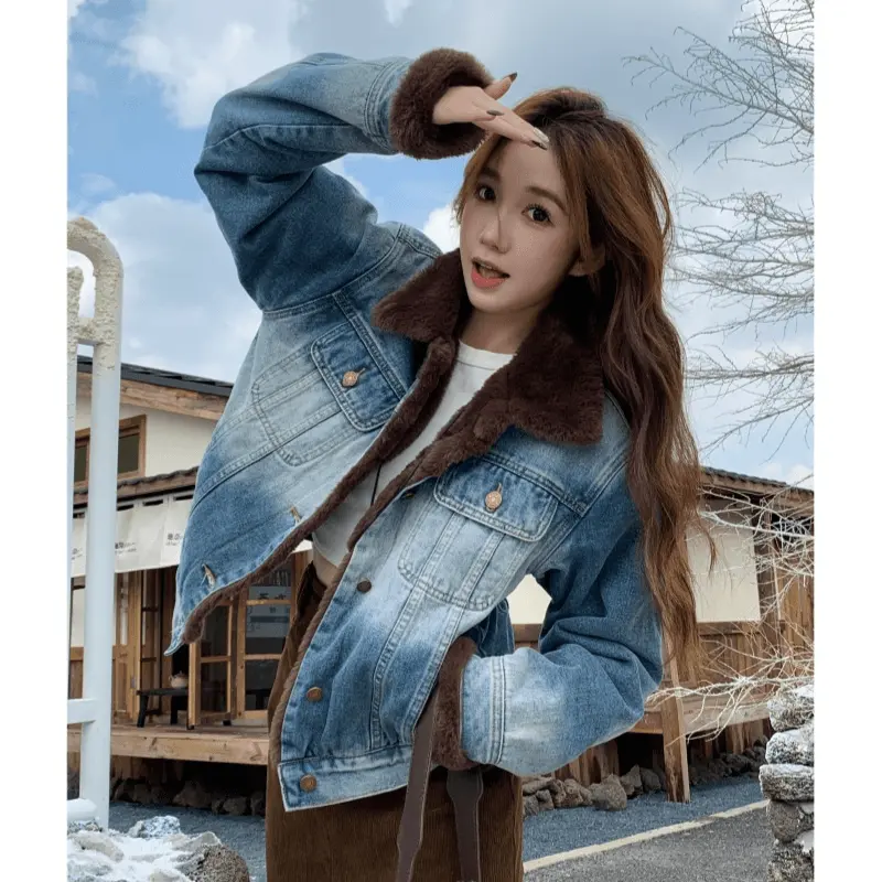 港风复古加绒翻领牛仔外套女秋冬高级感超好看炸街短款加厚外套