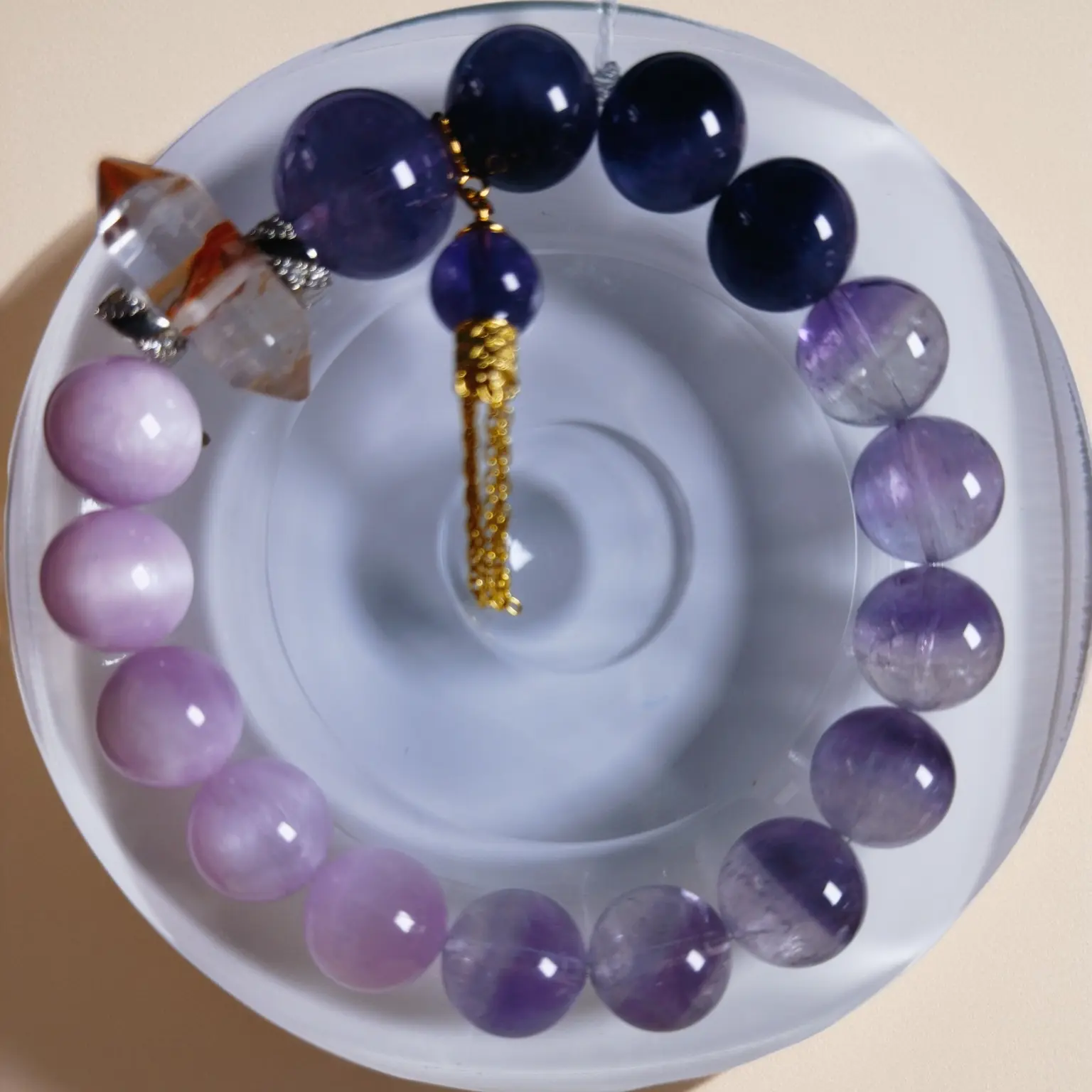 长石设计吸金大珠子紫水晶学业双色粉红小清新精美六芒星手串珠子