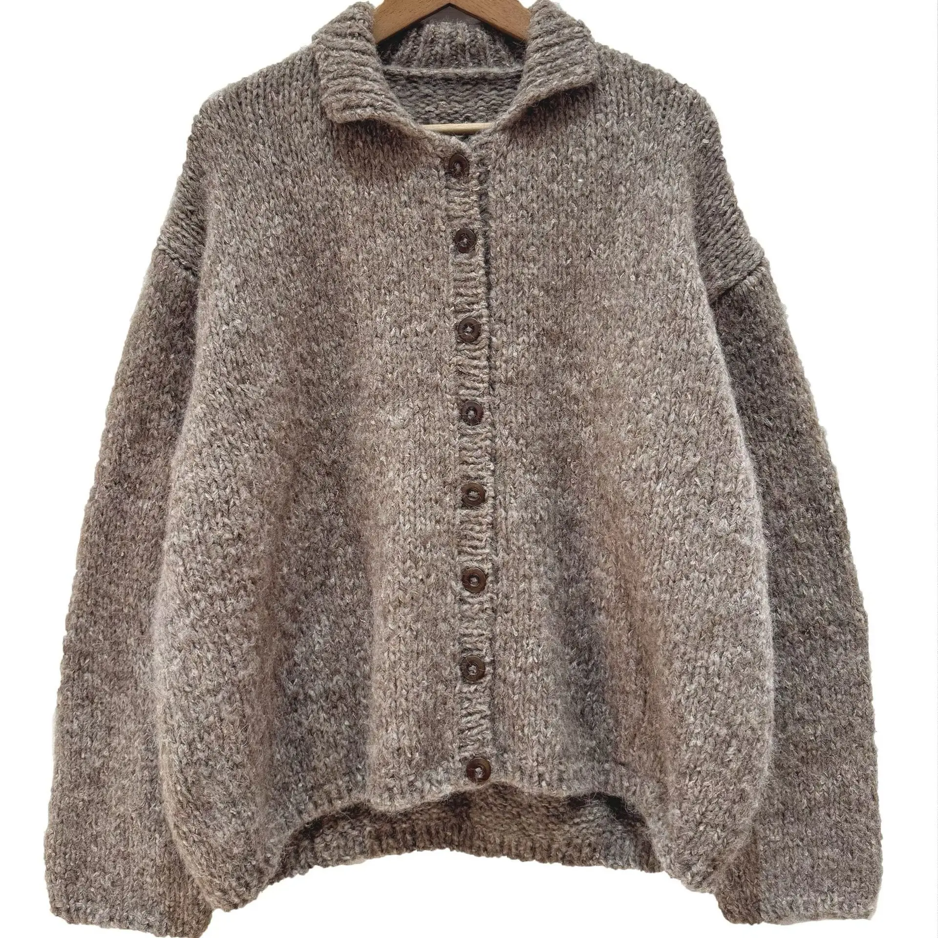 左岸迷香棉羊驼毛针织开衫宽松翻领法式休闲慵懒风百搭