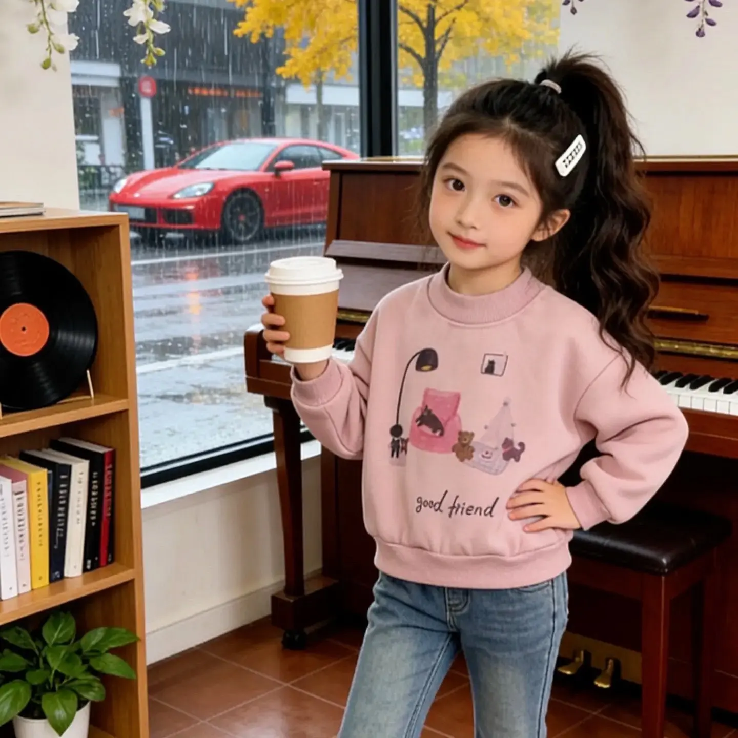 韩系风格冬季加绒加厚女童喇叭牛仔裤时尚休闲款