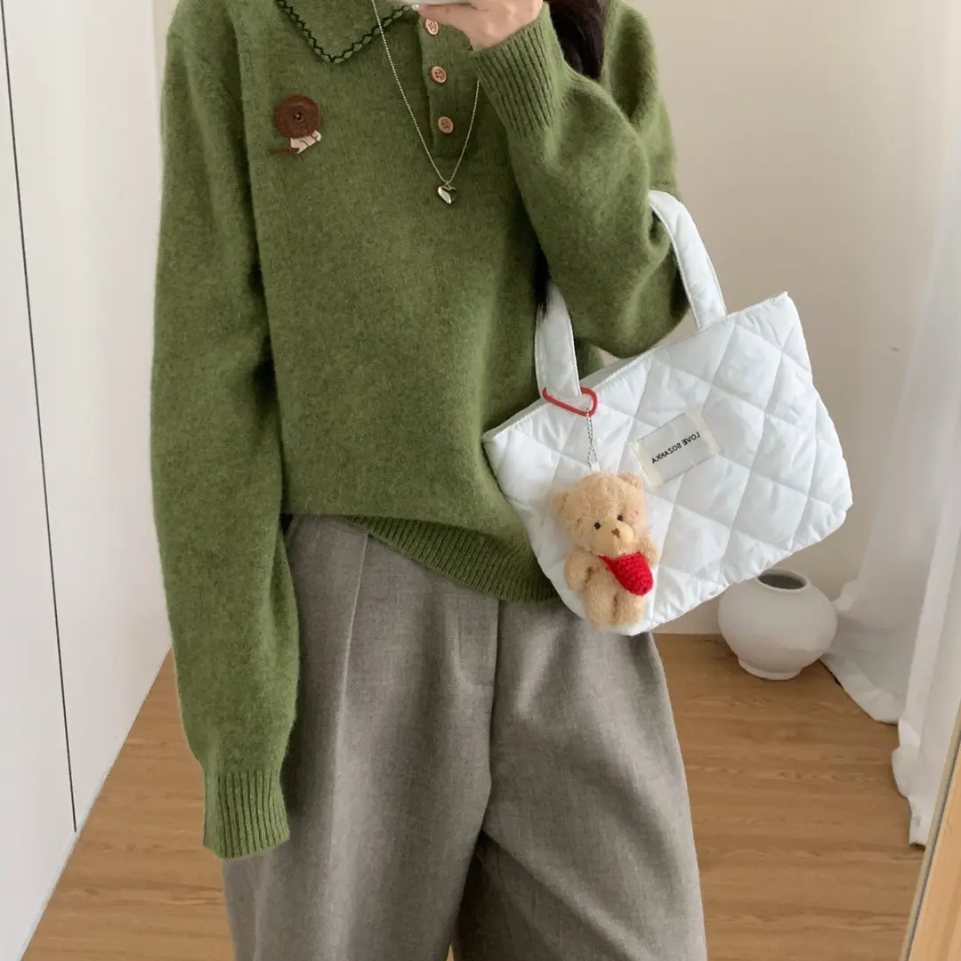 翻领POLO领毛衣女秋冬季加厚宽松慵懒风条纹长袖针织衫上衣