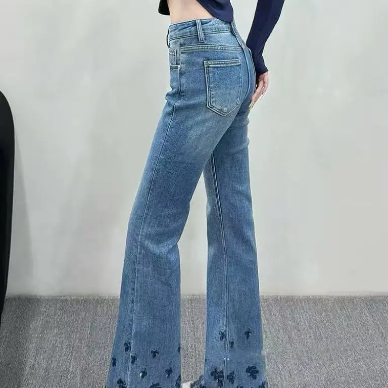 高腰重工烫钻花边微喇牛仔裤显瘦百搭潮流时尚长裤