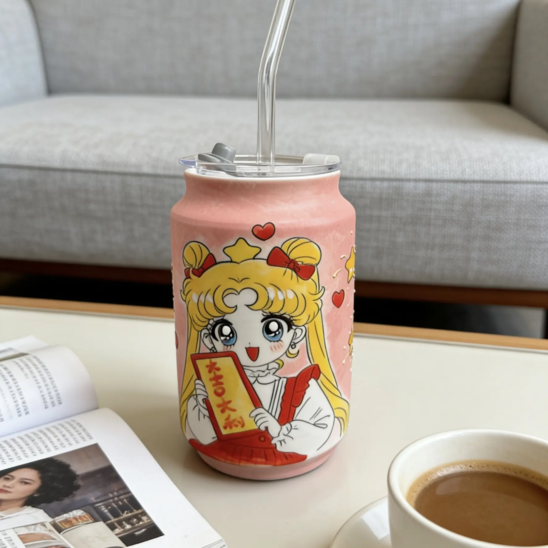 手绘釉下美少女战士高温陶瓷杯玉泥吸管杯精致送礼