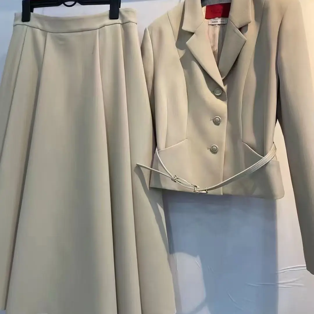 高端丝毛斜纹西装外套时尚通勤修身单排扣大摆半裙套装冬季