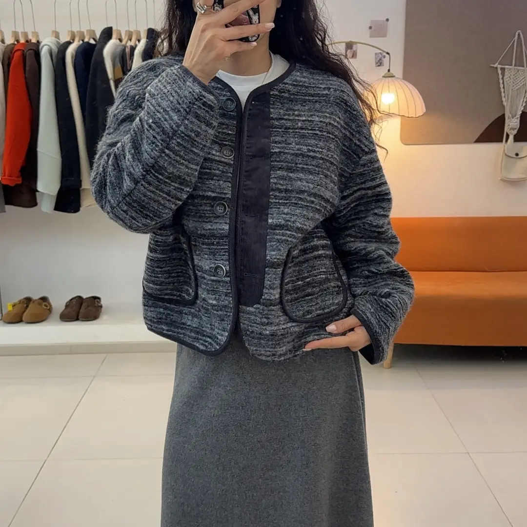 韩系休闲粗花呢短款圆领外套女秋冬小个子百搭夹克