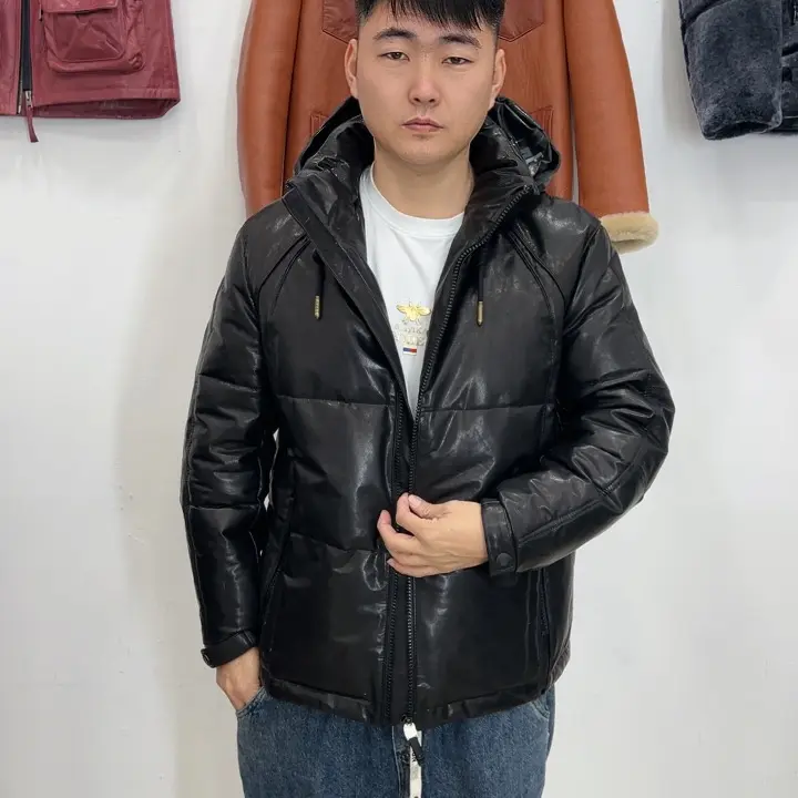 男士头层牛皮油蜡连帽可脱卸羽绒内胆真皮皮衣夹克外套