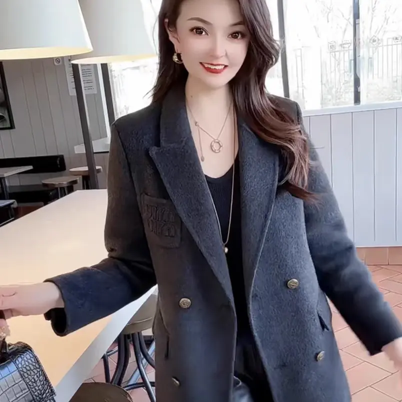 学院风双面呢西装外套女秋冬韩版宽松加厚小个子毛呢大衣