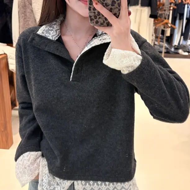 AiLi蕾丝拼接立领长袖加厚秋冬百搭半拉链蕾丝下摆假两件卫衣