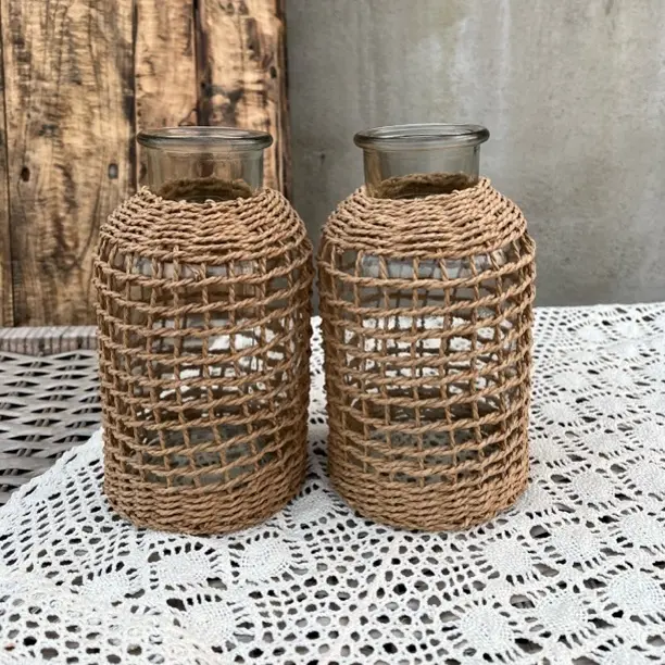 玻璃编制花瓶纸绳手工编织醒花瓶插花瓶